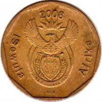 South Africa coin 20 Cents - ISEWULA AFRIKA (2008) obverse obverse of 20 Cents - ISEWULA AFRIKA (2008) coin with KM# 442 from South Africa. Inscription: iSewula Afrika 2008 ALS
