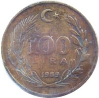 Turkey coin 100 Lira (1988 - 1996) reverse reverse of 100 Lira (1988 - 1996) coin with KM# 988 from Turkey. Inscription: 100 LİRA 1990