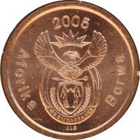 obverse of 5 Cents - AFORIKA BORWA (2005) coin with KM# 291 from South Africa. Inscription: 2005 Aforika Borwa ALS