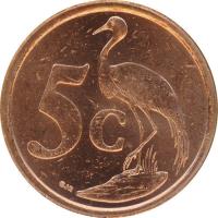 reverse of 5 Cents - AFORIKA BORWA (2005) coin with KM# 291 from South Africa. Inscription: 5c GJR