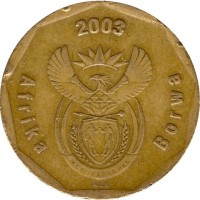 obverse of 50 Cents - Afrika Borwa (2003) coin with KM# 330 from South Africa. Inscription: Afrika Borwa 2003 ALS