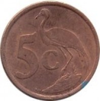 reverse of 5 Cents - NINGIZIMU AFRIKA (2002) coin with KM# 268 from South Africa. Inscription: 5c GJR