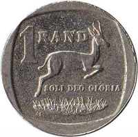 South Africa coin 1 Rand - SUID-AFRIKA (2000 - 2001) reverse reverse of 1 Rand - SUID-AFRIKA (2000 - 2001) coin with KM# 227 from South Africa. Inscription: 1 RAND SOLI DEO GLORIA LL