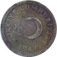 obverse of 50 Kuruş (1947 - 1951) coin with KM# 882 from Turkey. Inscription: TÜRKİYE CUMHURİYETİ 1947