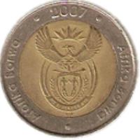 obverse of 5 Rand - AFORIKA BORWA - AFRIKA BORWA (2007) coin with KM# 346 from South Africa. Inscription: Aforika Borwa * 2007 * Afrika Borwa ALS