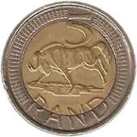 reverse of 5 Rand - AFORIKA BORWA - AFRIKA BORWA (2007) coin with KM# 346 from South Africa. Inscription: 5 RAND ALS