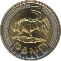 reverse of 5 Rand - SUID AFRIKA - UMZANTSI AFRIKA (2009) coin with KM# 470 from South Africa. Inscription: 5 ALS RAND