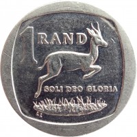 South Africa coin 1 Rand - AFORIKA BORWA - SOUTH AFRICA (2010 - 2012) reverse reverse of 1 Rand - AFORIKA BORWA - SOUTH AFRICA (2010 - 2012) coin with KM# 497 from South Africa. Inscription: 1 RAND SOLI DEO GLORIA LL