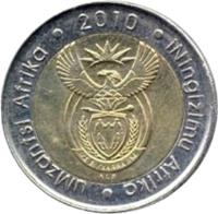 obverse of 5 Rand - UMZANTSI AFRIKA - ININGIZIMU AFRIKA (2010) coin with KM# 499 from South Africa. Inscription: uMzantsi Afrika · 2010 · iNingizimu Afrika · ALS