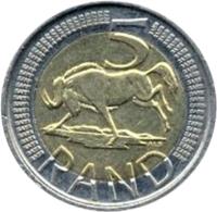 reverse of 5 Rand - UMZANTSI AFRIKA - ININGIZIMU AFRIKA (2010) coin with KM# 499 from South Africa. Inscription: 5 ALS RAND