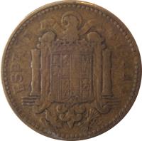 reverse of 1 Peseta (1944) coin with KM# 767 from Spain. Inscription: ESPAÑA 1944