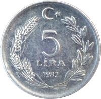Turkey coin 5 Lira - Smaller (1982 - 1983) reverse reverse of 5 Lira - Smaller (1982 - 1983) coin with KM# 949 from Turkey. Inscription: 5 LIRA 1983