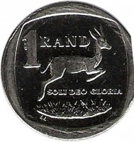 South Africa coin 1 Rand - AFRIKA BORWA - AFORIKA BORWA (2011 - 2013) reverse reverse of 1 Rand - AFRIKA BORWA - AFORIKA BORWA (2011 - 2013) coin with KM# 504 from South Africa. Inscription: 1 RAND SOLI DEO GLORIA LL