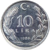 reverse of 10 Lira (1984 - 1989) coin with KM# 964 from Turkey. Inscription: 10 LIRA 1986