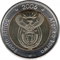 obverse of 5 Rand - SOUTH AFRICA - AFORIKA BORWA (2006) coin with KM# 492 from South Africa. Inscription: South Africa · 2006 · Aforika Borwa · ALS