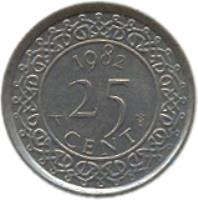 Suriname coin 25 Cents - Juliana (1962 - 1986) reverse reverse of 25 Cents - Juliana (1962 - 1986) coin with KM# 14 from Suriname. Inscription: 1976 25 CENT