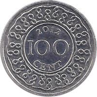 Suriname coin 100 Cents (1987 - 2014) reverse reverse of 100 Cents (1987 - 2014) coin with KM# 23 from Suriname. Inscription: 1987 100 CENT