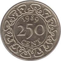 reverse of 250 Cents (1987 - 2012) coin with KM# 24 from Suriname. Inscription: 1989 250 CENT