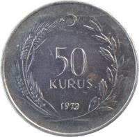 reverse of 50 Kuruş (1971 - 1979) coin with KM# 899 from Turkey. Inscription: 50 KURUS 1972