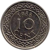 Suriname coin 10 Cents - Magnetic (1987 - 2014) reverse reverse of 10 Cents - Magnetic (1987 - 2014) coin with KM# 13a from Suriname. Inscription: 1989 10 CENT
