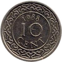 reverse of 10 Cents - Magnetic (1987 - 2014) coin with KM# 13a from Suriname. Inscription: 1989 10 CENT