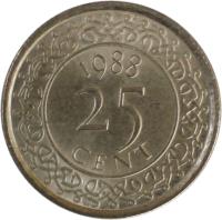 Suriname coin 25 Cents (1987 - 2014) reverse reverse of 25 Cents (1987 - 2014) coin with KM# 14a from Suriname.