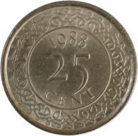 reverse of 25 Cents (1987 - 2014) coin with KM# 14a from Suriname.