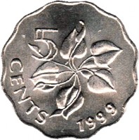 Swaziland coin 5 Cents - Mswati III (1995 - 2010) reverse reverse of 5 Cents - Mswati III (1995 - 2010) coin with KM# 48 from Swaziland. Inscription: 5 CENTS 1999