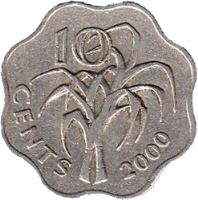 reverse of 10 Cents - Mswati III (1995 - 2009) coin with KM# 49 from Swaziland. Inscription: 10 CENTS 2002