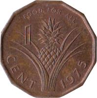 Swaziland coin 1 Cent - Sobhuza II - FAO (1975) reverse reverse of 1 Cent - Sobhuza II - FAO (1975) coin with KM# 21 from Swaziland. Inscription: FOOD FOR ALL 1 CENT 1975