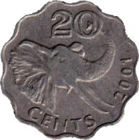 Swaziland coin 20 Cents - Mswati III (1996 - 2005) reverse reverse of 20 Cents - Mswati III (1996 - 2005) coin with KM# 50 from Swaziland. Inscription: 20 CENTS 2002