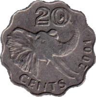 reverse of 20 Cents - Mswati III (1996 - 2005) coin with KM# 50 from Swaziland. Inscription: 20 CENTS 2002