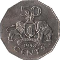 Swaziland coin 50 Cents - Mswati III (1996 - 2007) reverse reverse of 50 Cents - Mswati III (1996 - 2007) coin with KM# 52 from Swaziland. Inscription: 50 2001 CENTS