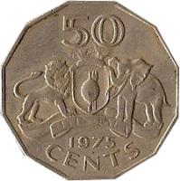 Swaziland coin 50 Cents - Sobhuza II (1974 - 1981) reverse reverse of 50 Cents - Sobhuza II (1974 - 1981) coin with KM# 12 from Swaziland. Inscription: 50 CENTS 1975