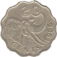 reverse of 20 Cents - Dzeliwe (1986) coin with KM# 42 from Swaziland. Inscription: 20 CENTS 1986
