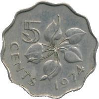 Swaziland coin 5 Cents - Sobhuza II (1974 - 1979) reverse reverse of 5 Cents - Sobhuza II (1974 - 1979) coin with KM# 9 from Swaziland. Inscription: 5 CENTS 1979