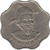 obverse of 10 Cents - Sobhuza II (1974 - 1979) coin with KM# 10 from Swaziland. Inscription: SWAZILAND
