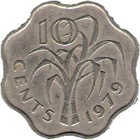 Swaziland coin 10 Cents - Sobhuza II (1974 - 1979) reverse reverse of 10 Cents - Sobhuza II (1974 - 1979) coin with KM# 10 from Swaziland. Inscription: 10 CENTS 1974