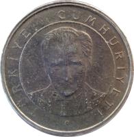 obverse of 250 Bin Lira (2002 - 2004) coin with KM# 1137 from Turkey. Inscription: TÜRKİYE CUMHURİYETİ