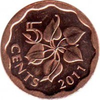 Swaziland coin 5 Cents - Mswati III (2011) reverse reverse of 5 Cents - Mswati III (2011) coin with KM# 56 from Swaziland. Inscription: 5 CENTS 2011