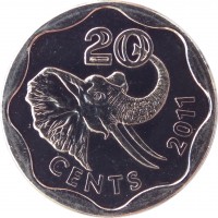 reverse of 20 Cents - Mswati III (2011) coin with KM# 58 from Swaziland. Inscription: 20 2011 CENTS