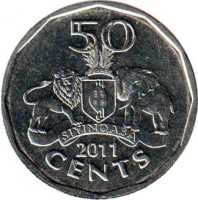 reverse of 50 Cents - Mswati III (2011) coin with KM# 59 from Swaziland. Inscription: 50 SIYINQABA 2011 CENTS