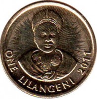 Swaziland coin 1 Lilangeni - Mswati III (2009 - 2011) reverse reverse of 1 Lilangeni - Mswati III (2009 - 2011) coin with KM# 60 from Swaziland. Inscription: ONE LILANGENI 2011