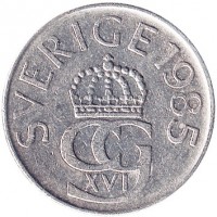 obverse of 5 Kronor - Carl XVI Gustaf (1976 - 1992) coin with KM# 853 from Sweden. Inscription: SVERIGE 1985 CG XVI