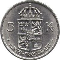 Sweden coin 5 Kronor - Gustaf VI Adolf (1972 - 1973) reverse reverse of 5 Kronor - Gustaf VI Adolf (1972 - 1973) coin with KM# 846 from Sweden. Inscription: 5 KR PLIKTEN · FRAMFÖR · ALLT