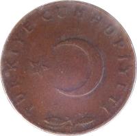 Turkey coin 5 Kuruş (1958 - 1974) obverse obverse of 5 Kuruş (1958 - 1974) coin with KM# 890 from Turkey. Inscription: TURKIYE CUMHURIYETI