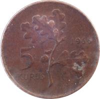 Turkey coin 5 Kuruş (1958 - 1974) reverse reverse of 5 Kuruş (1958 - 1974) coin with KM# 890 from Turkey. Inscription: 5 KURUS 1964