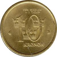 reverse of 10 Kronor - Carl XVI Gustaf (2001 - 2009) coin with KM# 895 from Sweden. Inscription: FÖR SVERIGE - I TIDEN B 10 KRONOR