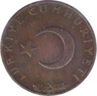 obverse of 10 Kuruş (1958 - 1974) coin with KM# 891 from Turkey. Inscription: TÜRKİYE CUMHURİYETİ
