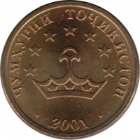 Tajikistan coin 25 Diram (2001 - 2006) obverse obverse of 25 Diram (2001 - 2006) coin with KM# 5 from Tajikistan. Inscription: ҶУМҲУРИИ ТОҶИКИСТОН · 2001 ·